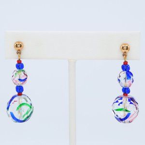 Vintage Czechoslovakian Iris Glass Faceted Beads Dangle Pierced Czech Earrings